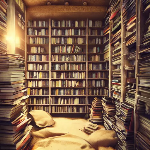 Image similar to books cave, a lot of books, many books everywhere, atmospheric, dof, wide angle, very coherent composition, masterpiece, incredible details, highly detailed, photorealistic, disney pixar, warm colours, atmospheric, cozy place, smooth, hole as a window, octane render, iridescent, 8 k