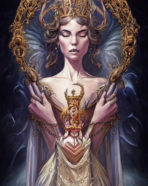 Prompt: full view Symbolic portrait of an ethereal Queen in a crown of sorrow wearing a ornate dress sitting on a throne by Anna Dittman and Jesper Ejsing, detailed and realistic, featured on Artstation, soft lighting, behance