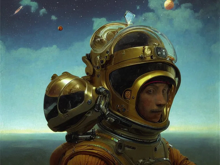 Prompt: a detailed profile oil painting of an explorer in a spacesuit with reflective helmet, advanced technology flight suit, portrait symmetrical and science fiction theme with aurora lighting clouds and stars by beksinski carl spitzweg and tuomas korpi. baroque elements, full-length view. baroque element. intricate artwork by caravaggio. Trending on artstation. 8k