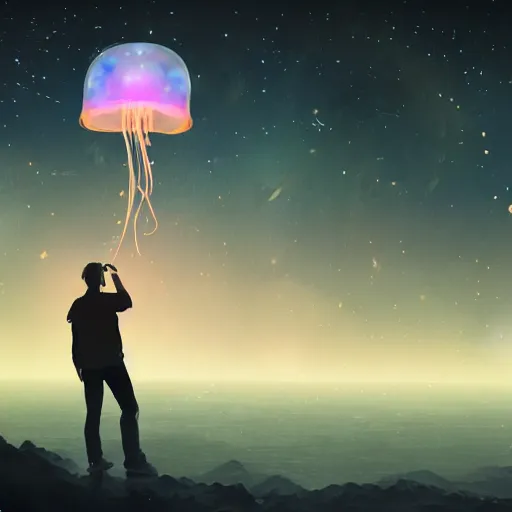 Prompt: over the shoulder photo of a man watching a magic glowing jellyfish in glowing cosmic stardust, colorful stars, galaxies, space, award winning photo, intricate, high detail, atmospheric, desolate, artstation