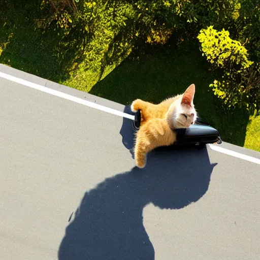 Prompt: cat driving in a cabriolet, golden hour, top view, golden ratio