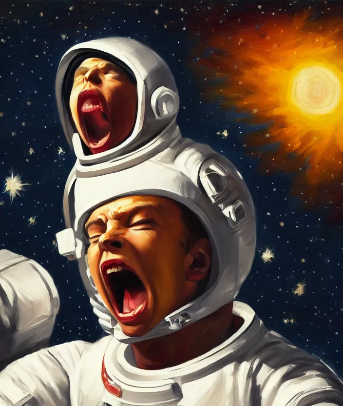 Prompt: a portrait oil painting of a screaming astronaut, dramatic and cinematic light, the background is a black sky with stars, in the style of thomas croft and edward hopper, 4 k,