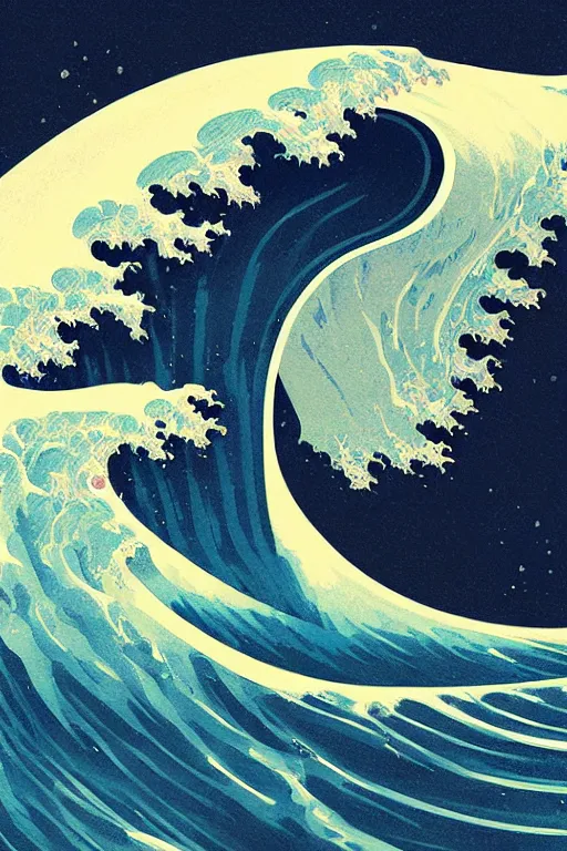 Image similar to a beautiful digital painting of an astronaut surfing the great wave off kanagawa on a surboard by greg rutkowski, trending on artstation, highly detailed, intricate, unreal engine, octane render, photorealistic