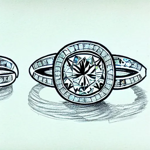 Prompt: sketch of engagement ring with two smaller diamonds outside and one bigger diamond in the middle, detailed, concept art, victorian, schematics, fashion