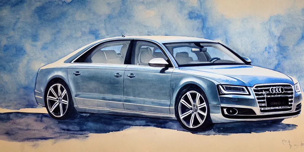 Image similar to audi a 8 water color painting, rtx, raytracing, 8 k, highly detailed, soft colors,