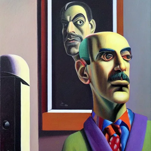 Image similar to robotic frank zappa portrait, grant wood, pj crook, edward hopper, oil on canvas