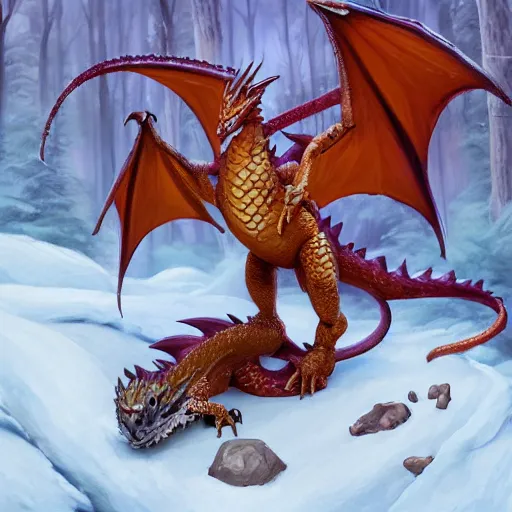 Image similar to oil painting of cute dragon in cold forest, dnd character, background focus, fantasy, lizard legs, magic, realistic textured skin, big lizard head, eagle feather, eagle wings, glowing eyes, clear clean, artgem, boris valejo, goro fujita, frank frazetta, trending on artstation, digital painting, beautiful, very detailed, pixar