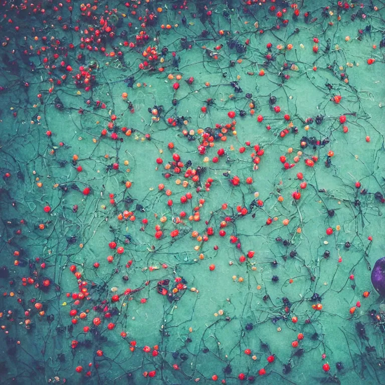 Image similar to human with the sea and the forest inside, veins diverge through the body like rivers filmed on a satellite, a person is decorated with wild berries, a beautiful bird is looking at him next, colorful picture