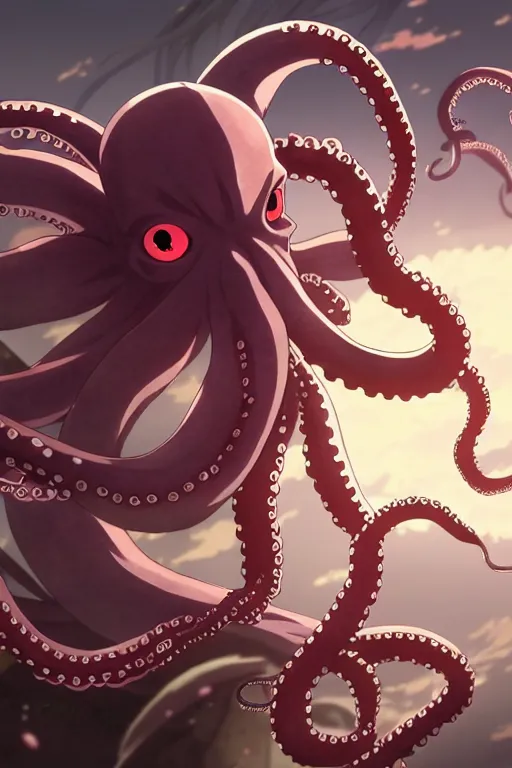 Image similar to key anime visuals of [ an octopus ninja, fighting with a katana ]. highly detailed, intricate, directed by makoto shinkai, anime manga style, trending on art station.