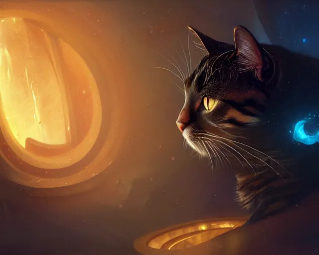 Image similar to a 4 k cinematic screenshot still portrait of a cat in a dark liminal space room surrounded by amber glow, deep focus, d & d, fantasy, intricate, elegant, highly detailed, digital painting, art station, concept art, matte, sharp focus, illustration, dark fantasy style art, hearthstone, art by artgerm and greg rutkowski and alphonse mucha