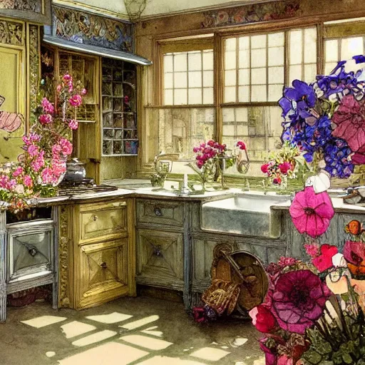 Image similar to a beautifull intricate watercolour painting of a victorian kitchen with many flowers, reflexions, verry high details by william turner art, greg rutkowski and alphonse mucha, trending on artstation, very very detailed, masterpiece,