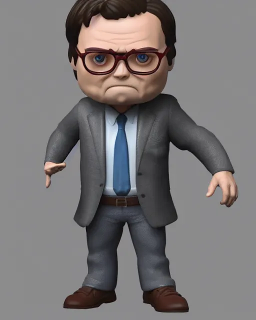 Image similar to full body 3d render of Dwight Schrute as a funko pop, studio lighting, white background, blender, trending on artstation, 8k, highly detailed