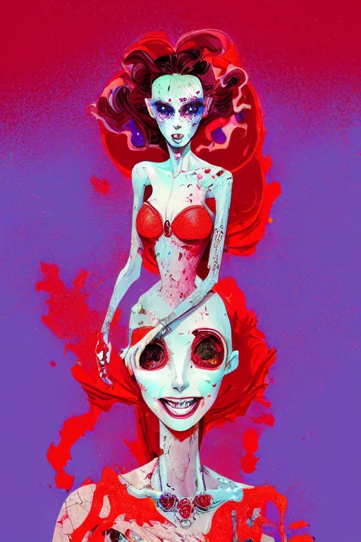 Image similar to beautiful lady half necromancer, made of red gucci fabric, dust particles, pixiv fanbox, dramatic lighting, maximalist pastel color palette, splatter paint, pixar and disney exploded - view drawing, graphic novel by fiona staples and dustin nguyen, peter elson, alan bean, wangechi mutu, clean cel shaded vector art, trending on artstation