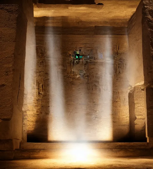 Image similar to punisher symbol is giant entrance into ancient egyptian temple with luminous smoke and light rays.