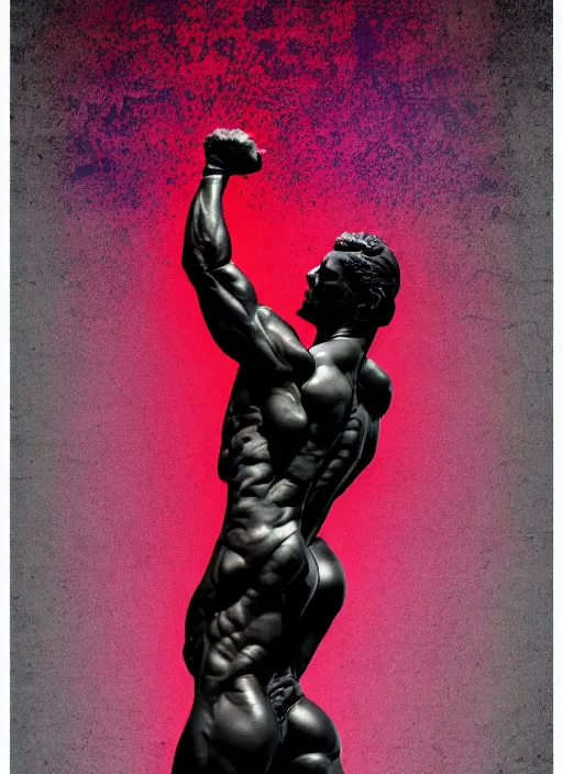 Image similar to dark design poster showing a muscular greco roman statue, black background with very subtle red and purple design elements, powerful, nekro, vito acconci, thin straight lines, dark, glitch art, neo vaporwave, gritty, layout frame, square, trending on artstation