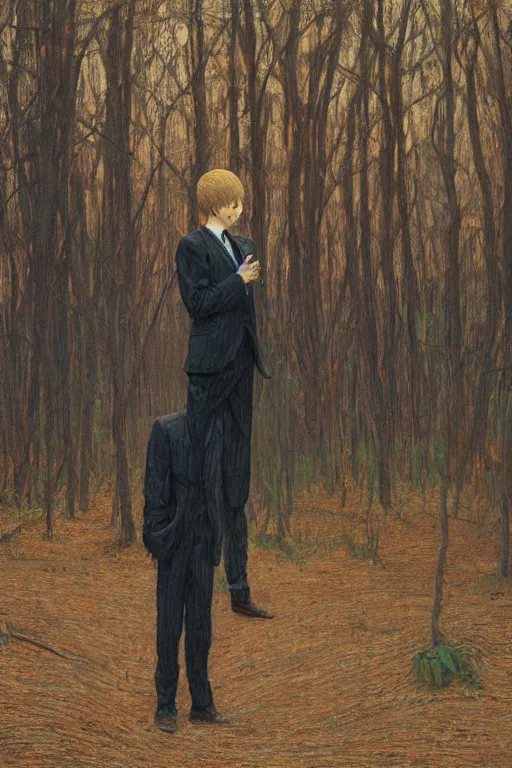 Image similar to close up portrait of slender - man wearing a suit, in a deserted playground in the woods, by frantisek kupka, intricate, miles johnston, kuroda seiki, cynical realism, ozabu, john william godward, painterly, yoshitaka amano, moebius, miles johnston, louise zhang, james jean, mark ryden