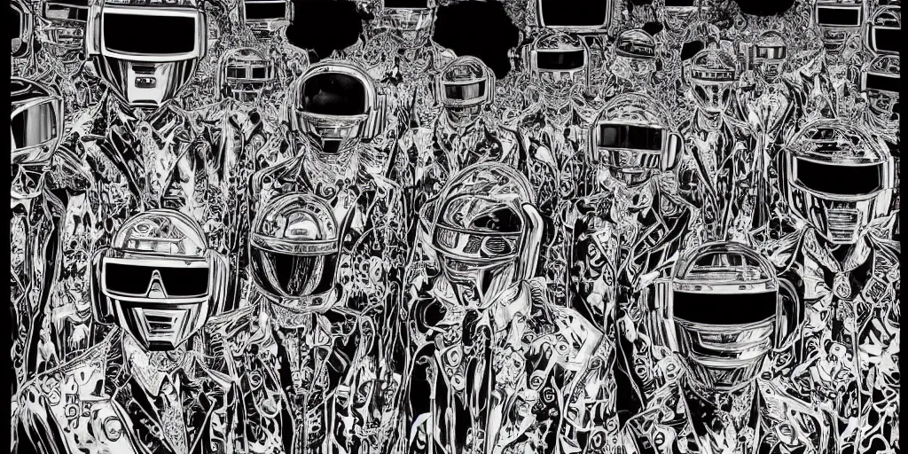 Prompt: intricate detailed artwork of Daft Punk at an underground warehouse rave in Ibiza playing afro house music using dj controller to thousands of beautiful female ravers, in the style of Geof Darrow, no hair, vr sunglasses, beard, wires, speakers, neon