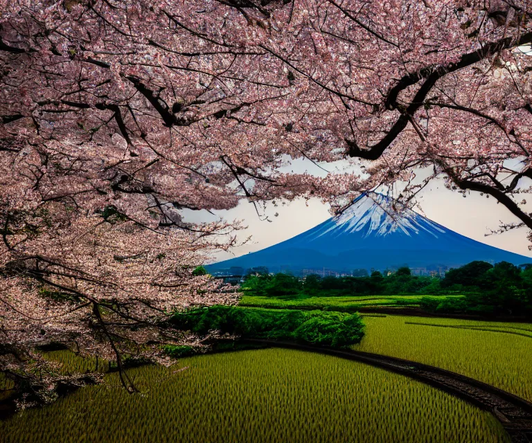 Image similar to a photo of mount fuji, japanese ladscapes, rice paddies, sakura trees, seen from a window of a train. cinematic lighting.