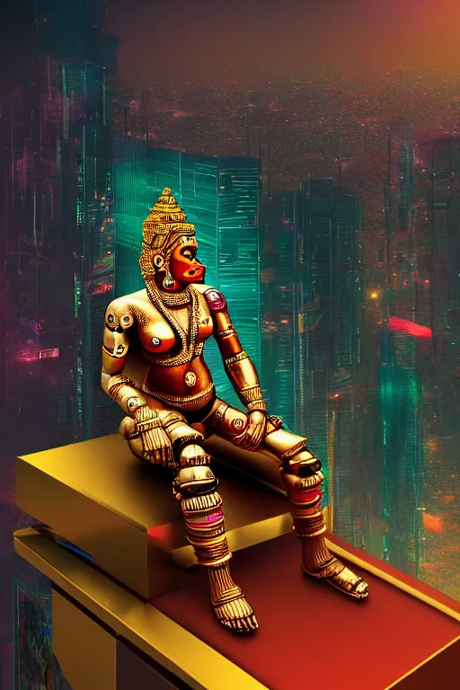 Image similar to high quality 3 d render colorful post - modern cyborg! hanuman sitting, gold madhubani, highly detailed, cyberpunk!! mumbai in the background, vray cinematic smooth, liam wong, moody light, low angle, uhd 8 k, sharp focus