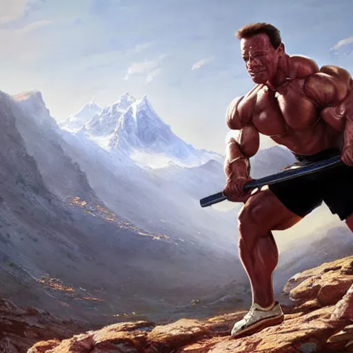 Image similar to arnold schwarzenegger lifting a literal mountain, highly detailed, shallow depth of field, art by artgerm and greg rutkowski