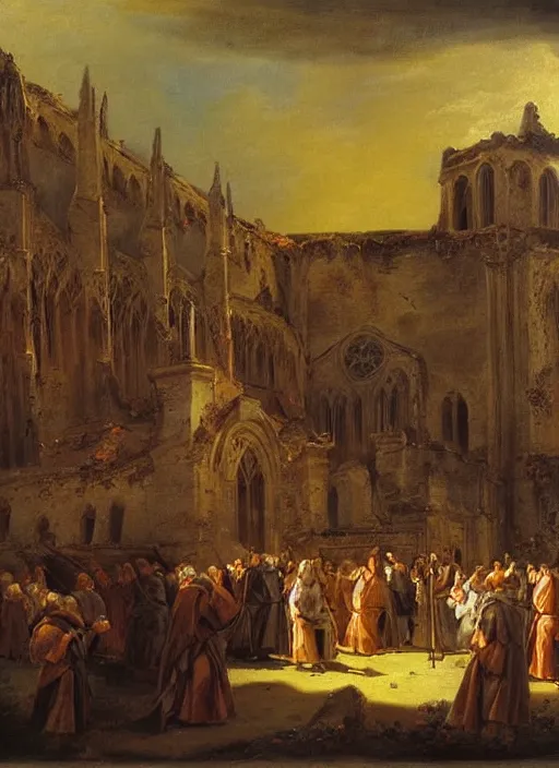 Image similar to elisabeth louise vigee - le brun painting of large crowd of medieval monks gathered at giant gothic ruins cathedral and raising a magical glowing spirit, old master painting with stunning lighting and details photoreal dusk sun lit light,