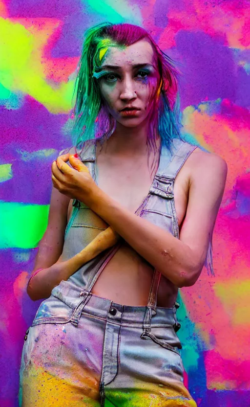 Image similar to grungy woman, rainbow hair, soft eyes and narrow chin, dainty figure, wet t-shirt, torn overalls, skimpy shorts, covered in neon paint, luminescent, Sony a7R IV, symmetric balance, polarizing filter, Photolab, Lightroom, 4K, Dolby Vision, Photography Award