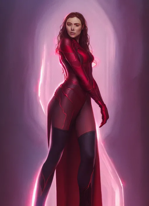 Image similar to Scarlet Witch, full body portrait, hyper detailed, digital art, trending in artstation, cinematic lighting, studio quality, smooth render, unreal engine 5 rendered, octane rendered, illustration, art style by klimt and krenz cushart