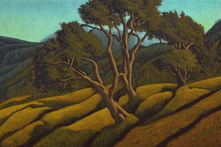 Image similar to masterpiece painting of oak trees on a hillside overlooking a creek, dramatic lighting, by lawren harris