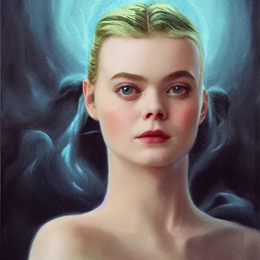 Image similar to Elle Fanning with devil horns in the style of Paola Vetri, head and shoulders portrait, stormy weather, extremely detailed masterpiece, oil on canvas, low-key neon lighting, artstation, Blade Runner 2049, Roger Deakin’s cinematography, by J. C. Leyendecker and Peter Paul Rubens and Edward Hopper and Michael Sowa,