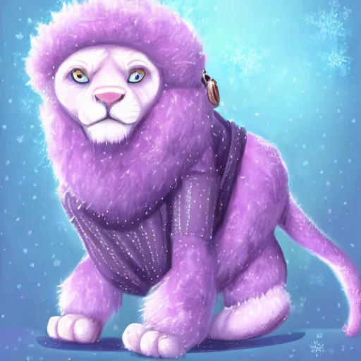 Image similar to a cute, well - drawn, professionally painted anthropomorphic purple albino lion wearing a cute cozy winter outfit, winter atmosphere, furry fandom, furaffinity, digital painting, digital art, detailed, high - resolution