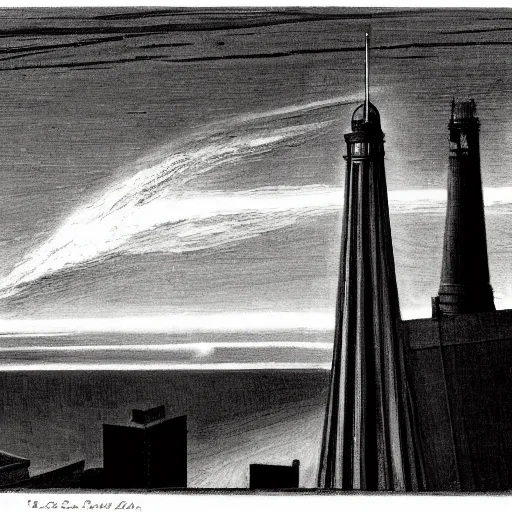 Image similar to an engraving of a storm battering a lighth tower skyscrepper in city downtown by edward hopper