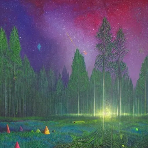 Image similar to psychedelic lush pine forest, outer space, milky way, amber eyes cat eyes designed by arnold bocklin, jules bastien - lepage, tarsila do amaral, wayne barlowe and gustave baumann, cheval michael, trending on artstation, star, sharp focus, colorful refracted sparkles and lines, soft light, 8 k 4 k