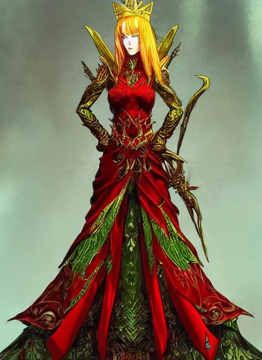 Image similar to Full body portrait of a beautiful red haired elven queen wearing red, green and gold queen dress and elaborate golden crown, bored look. In style of Yoji Shinkawa and Hyung-tae Kim, trending on ArtStation, dark fantasy, great composition, concept art, highly detailed.