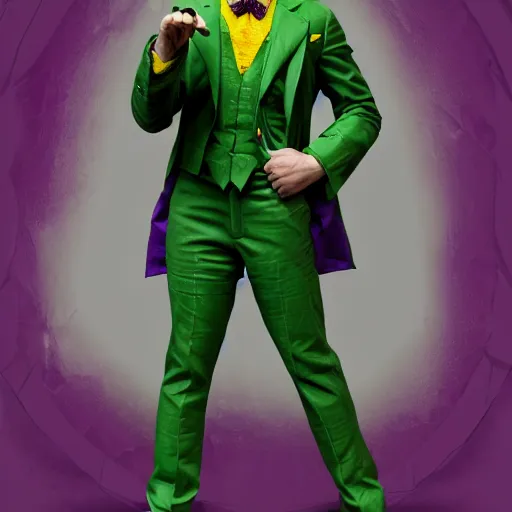 Prompt: portrait of joaquin pheonix as dc comic villain the joker creepy smile, full body pose, purple suit, green bowtie, new york chaotic background, scattered joker poker cards, chaos by michael hussar, greg rutkowski, alphonse mucha, 3 d octane render. ambient occlusion.