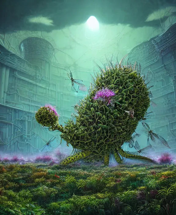 Image similar to a giant weird industrial plant made out of isopod dragonflies, in the style of a strange puffy spaceship, overgrown with disturbing orchids, partly cloudy, somber, dramatic lighting, by dan mumford, yusuke murata, makoto shinkai, ross tran, cinematic, unreal engine, cel shaded, featured on artstation, pixiv