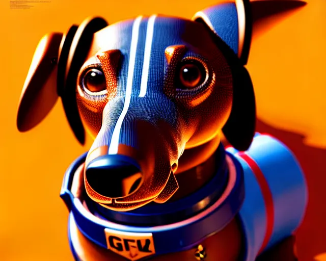 Prompt: portrait of mechanical robotic dachshund, hyper - realistic, gta v cover art, celshading, sharp focus, intricate, detailed, rhads, andreas rocha, makoto shinkai, lois van baarle, ilya kuvshinov, greg rutkowski, dynamic lighting, grunge aesthetic, 4 k