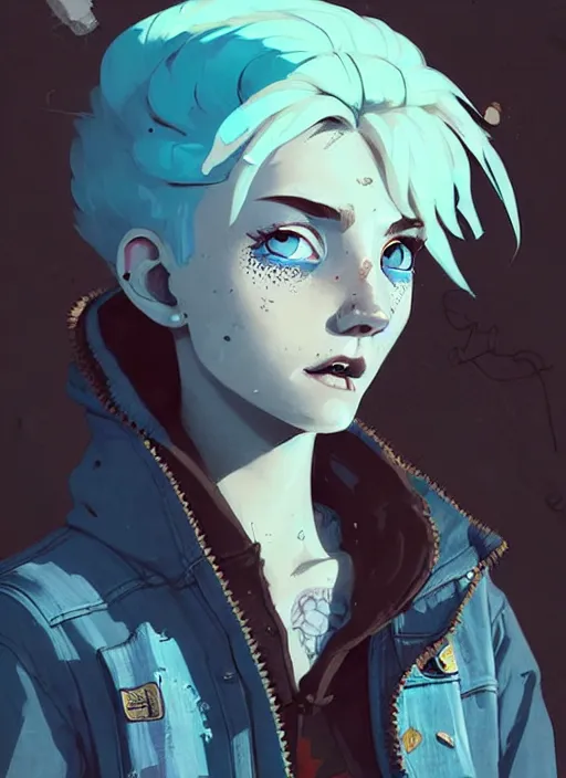 Prompt: highly detailed portrait of a sewer punk lady student, blue eyes, denim jacket, white hair by atey ghailan, by greg rutkowski, by greg tocchini, by james gilleard, by joe fenton, by kaethe butcher, gradient blue, black, brown and cyan color scheme, grunge aesthetic!!! ( ( graffiti tag wall background ) )