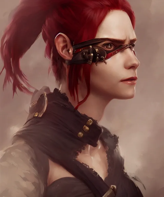 Prompt: Portrait of a charming female pirate, short red hair, eyepatch, highly detailed, digital painting, artstation, concept art, smooth, sharp focus, illustration by Artgerm and Greg Rutkowski andd Tom Bagshaw