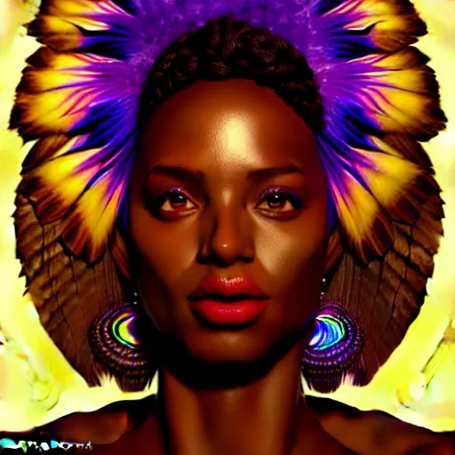 Image similar to centered girlboss portrait of african goddess of nature, symmetrical face, chiaroscuro, iridescent feathers 3 d subsurface scattering, character concept art, by artgerm