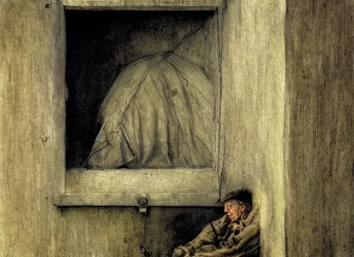 Image similar to shabby but smart faced homeless man in a dirt floored cell chained to a wall, talking questioningly, painting by andrew wyeth and alan lee, very detailed, somber mood,