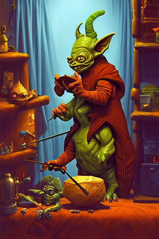 Prompt: classic oil painting, an adorable cyan goblin that is wearing medieval robes, as a dnd character, inside a cluttered bedroom, cottagecore, highly detailed, digital illustration, concept art, smooth, sharp focus, art by tim hildebrandt, and greg hildebrandt
