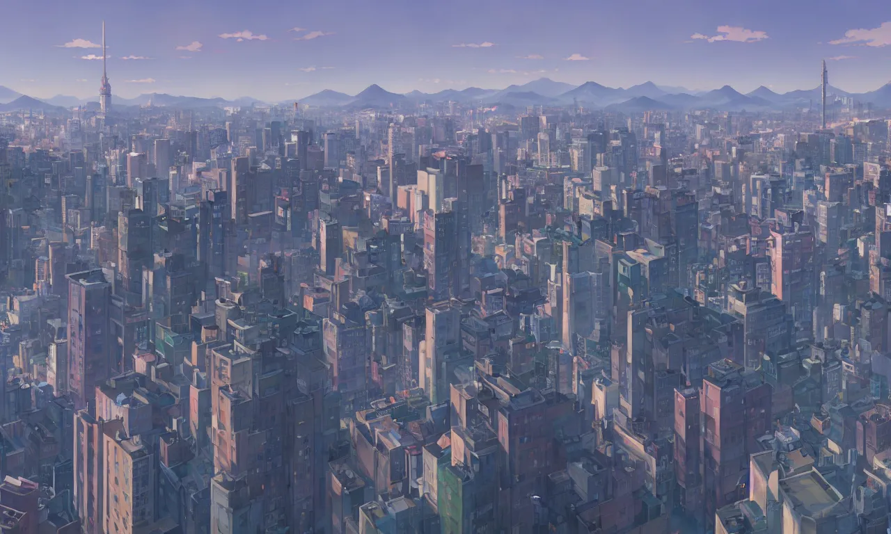 Image similar to A screenshot of a city view of seoul in the scene in the Makoto Shinkai anime film Kimi no na wa, pretty rim highlights and specular, art by Tom Bagshaw