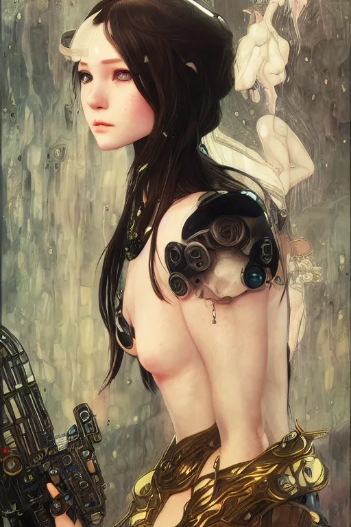 Image similar to portrait of beautiful young elf, cyberpunk, Warhammer, highly detailed, artstation, illustration, art by Gustav Klimt and Range Murata and Ilya Kuvshinov and Sakimichan