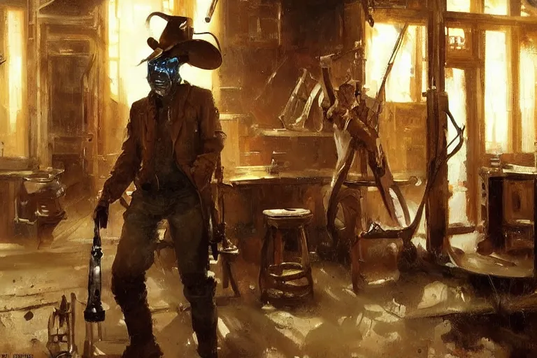 Prompt: oil painting of old rugged robot bounty hunter in a bar fight in dusty wild west town, art by anders zorn, wonderful masterpiece by greg rutkowski, beautiful cinematic light, american romanticism by greg manchess, jessica rossier