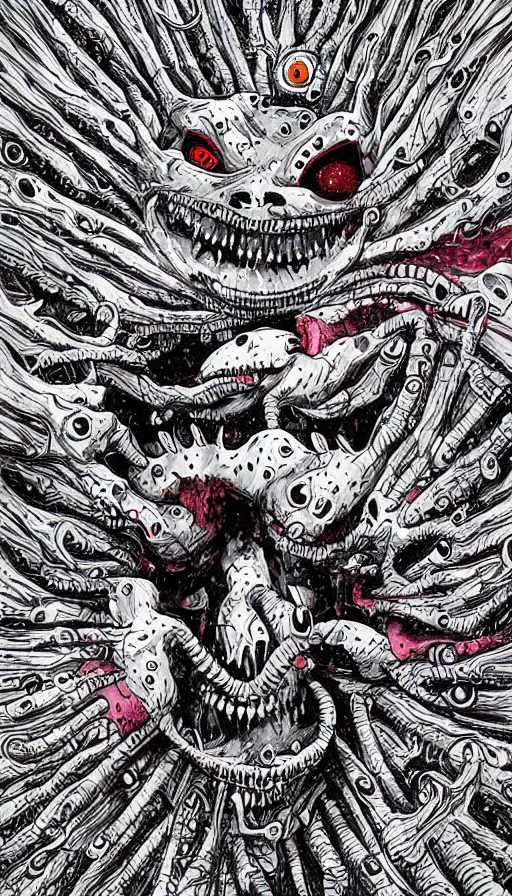 Image similar to a storm vortex made of many demonic eyes and teeth, by alex pardee