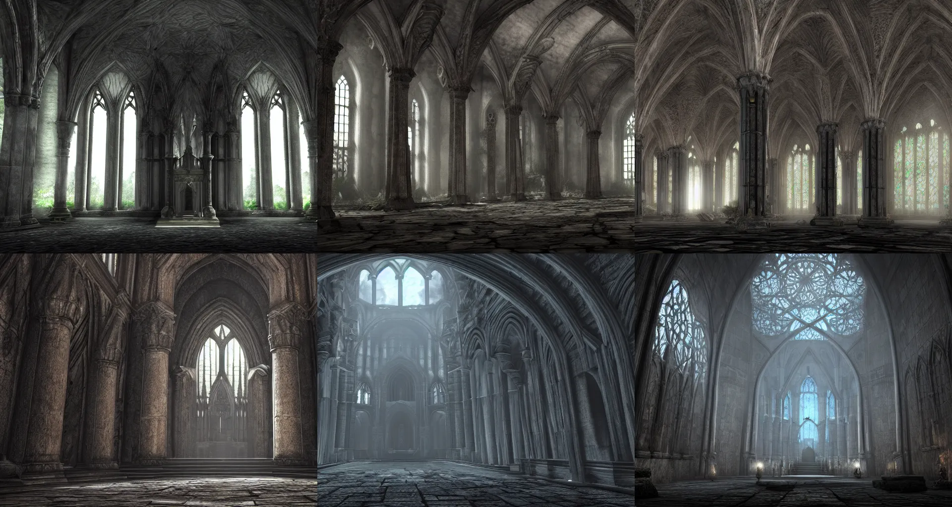 Prompt: Interior of a gothic temple, Dark Souls style, wide shot, hyper realistic, 4k, artwork, digital art