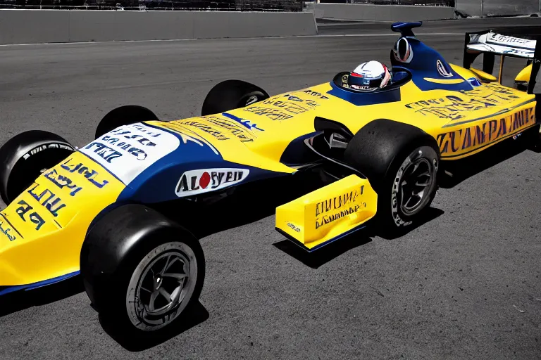 Image similar to a photograph of a formula one car sponsored by a banana company, wide angle lens, fujifilm, 24mm, fuji velvia, dramatic lighting