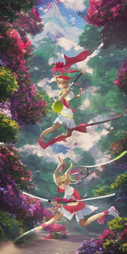 Prompt: An elf playing tennis on a tennis court made of flowers,Japanese anime style, gorgeous atmosphere, full of details, matte painting, concept art, smooth, by Shinkai Makoto and Ina Wong and wlop ，trending on cgsociety and artstation，8kHDR，light effect