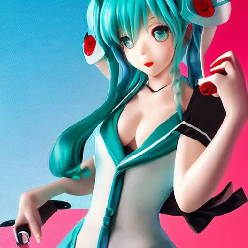 Image similar to Hatsune Miku full body pin up modeling a vocaloid idol unioform,with a park in the back ground,post war style,detailed face, art by Gil Elvgren