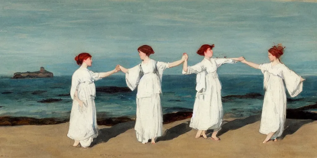 Image similar to two young edwardian women wearing white dresses hold hands on a beach in Sweden, in the style of Anders Zorn, waves in the style of the great wave off kanagawa